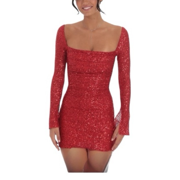 Lucy in the sky Sequin Long Sleeve Bodycon Dress | red | size L | NWT - Picture 1 of 9